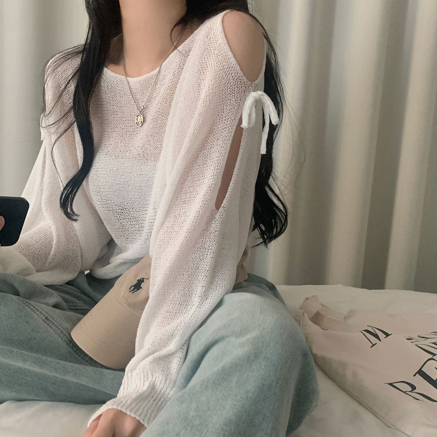 Bow long sleeve knit Off-the-shoulder sweater cover-up蝴蝶结针织毛衣罩衫