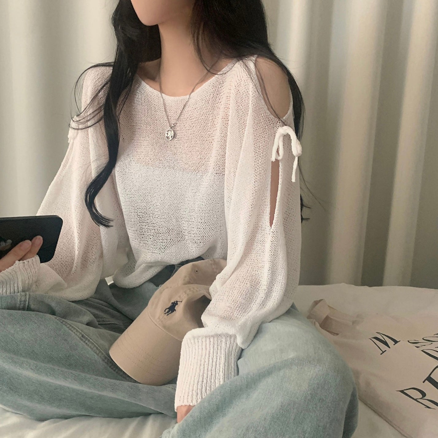 Bow long sleeve knit Off-the-shoulder sweater cover-up蝴蝶结针织毛衣罩衫