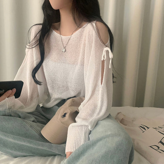 Bow long sleeve knit Off-the-shoulder sweater cover-up蝴蝶结针织毛衣罩衫