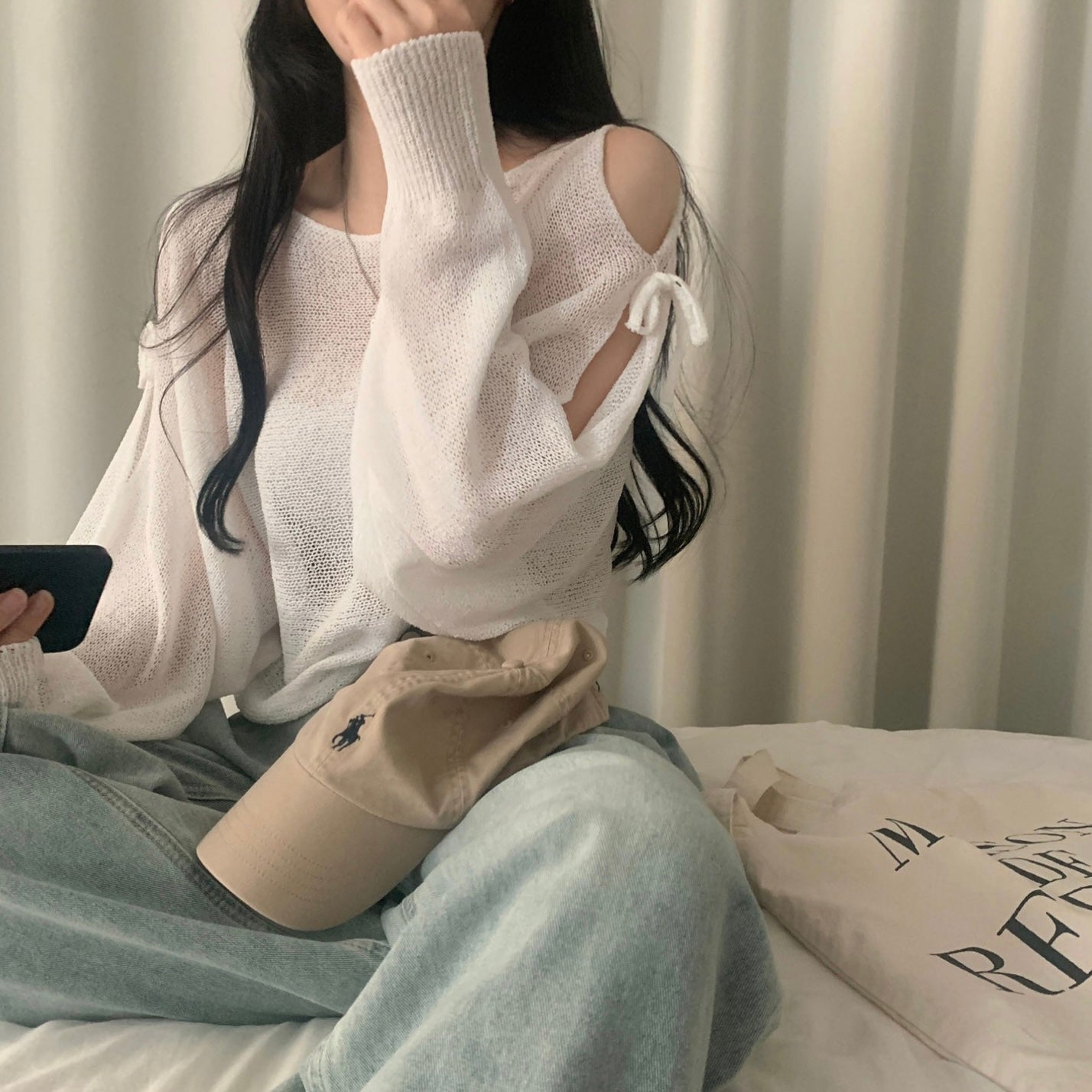 Bow long sleeve knit Off-the-shoulder sweater cover-up蝴蝶结针织毛衣罩衫