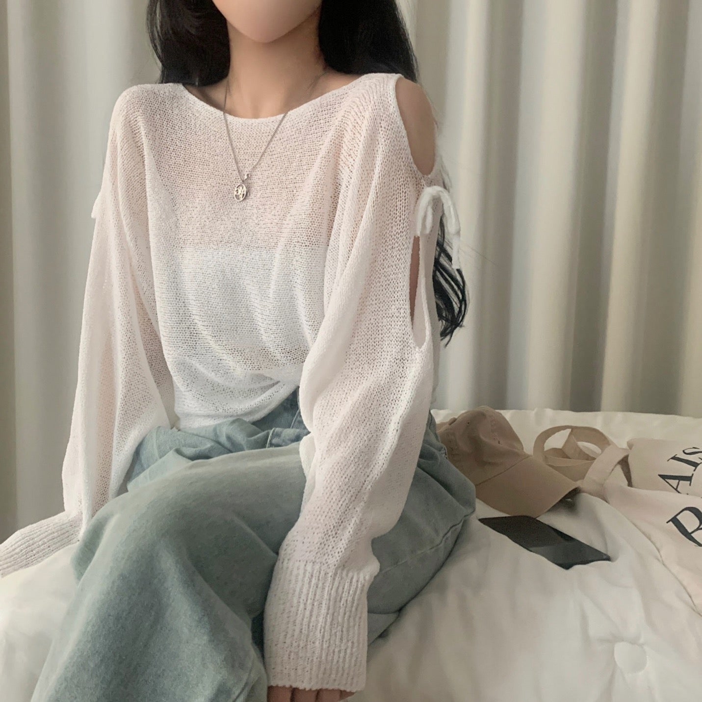 Bow long sleeve knit Off-the-shoulder sweater cover-up蝴蝶结针织毛衣罩衫